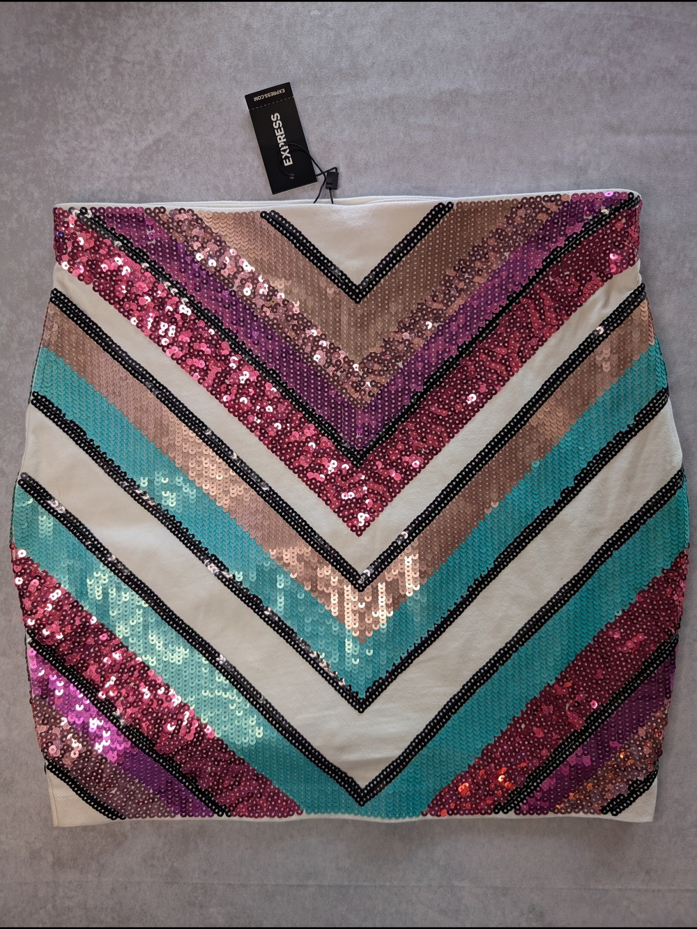 Express Sequin Chevron Mini Skirt in Pink, Teal, Gold, Black, White